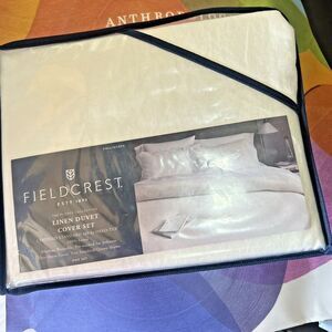 Fieldcrest Linen Duvet Cover Set Flores Collection White Full/Queen NEW